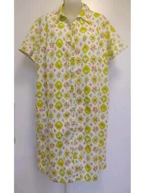 1950s 60s Floral Cotton Housecoat Robe Green Enamel Snaps Vintage L